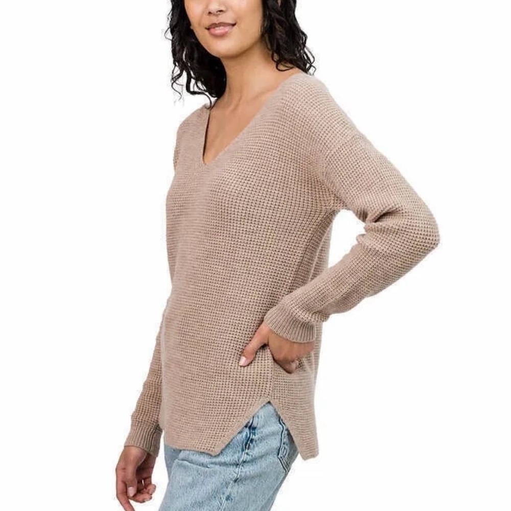 Kersh Women's Tan Merino Wool Blend Waffle Knit V-Neck Sweater Size‎ XL